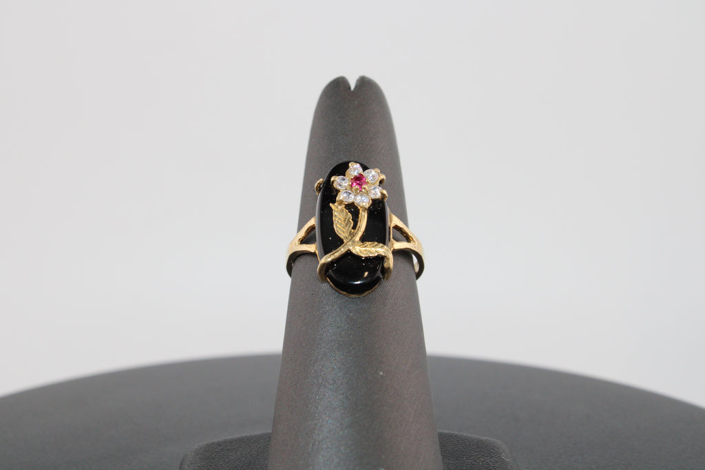 14K Yellow Gold Black Onyx Natural Diamond and Ruby Fashion Ring.