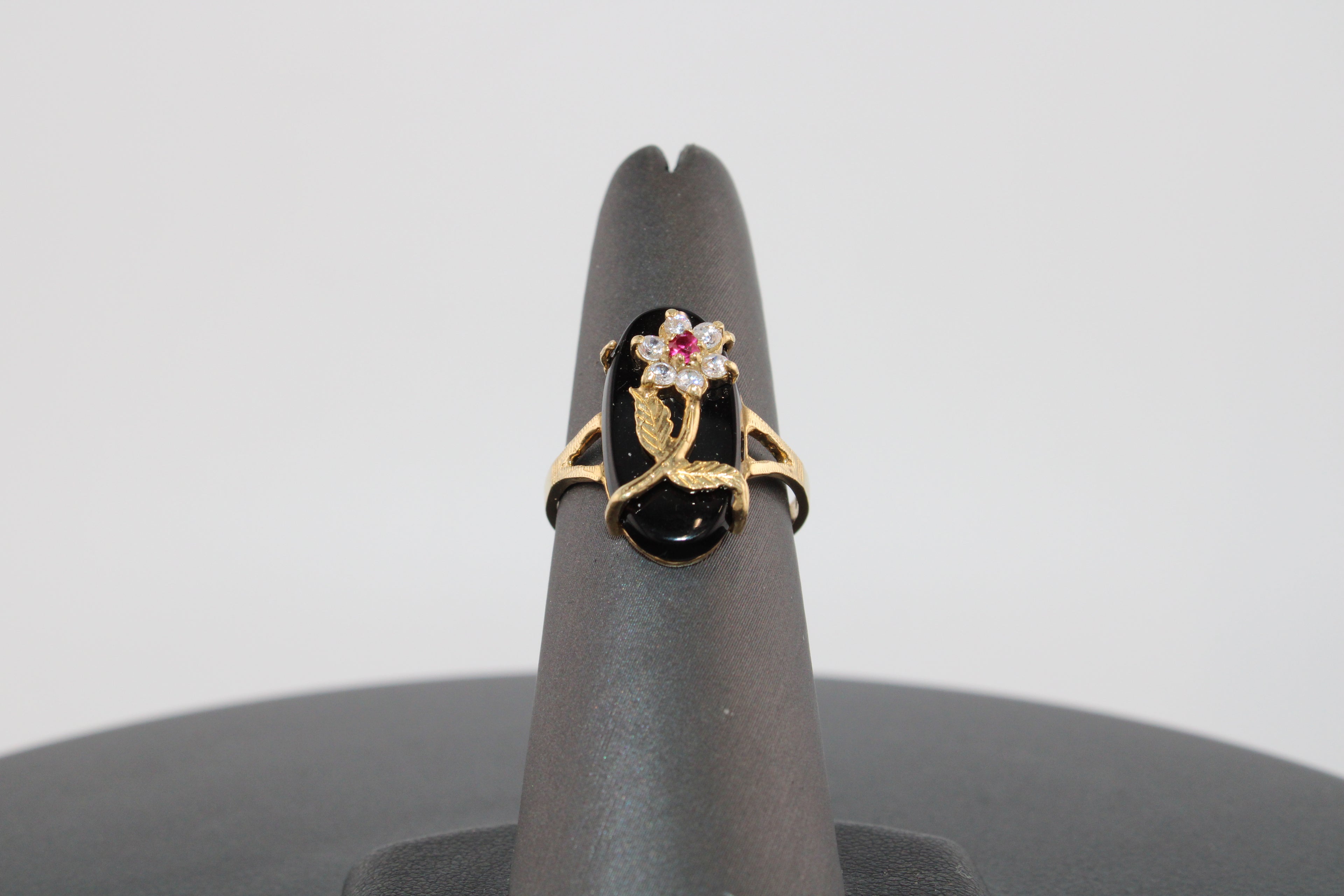14K Yellow Gold Black Onyx Natural Diamond and Ruby Fashion Ring.