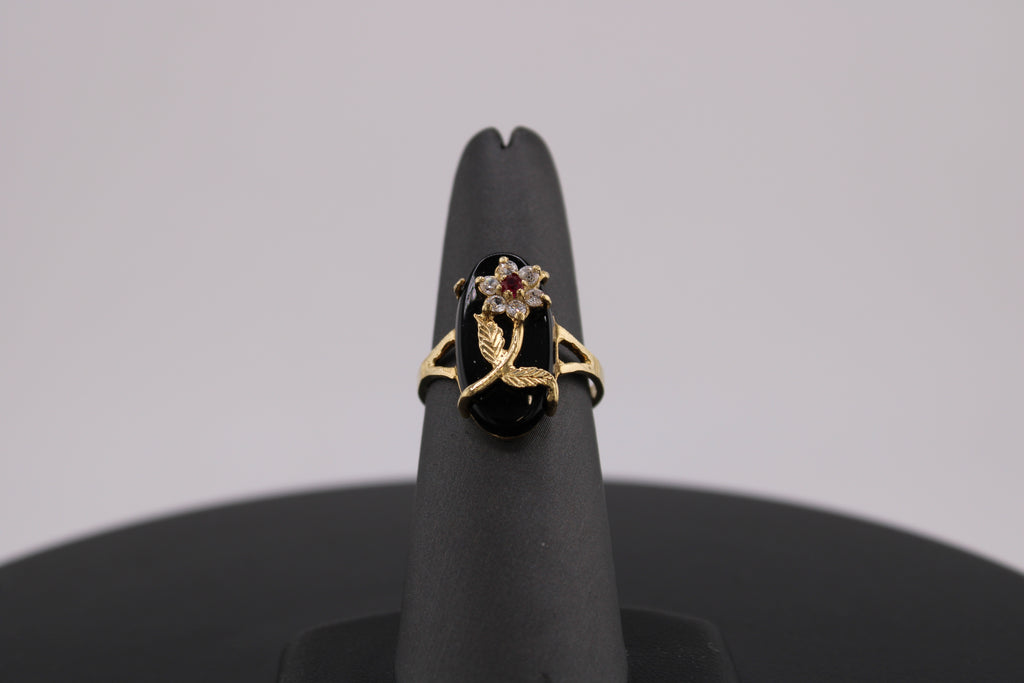 14K Yellow Gold Black Onyx Natural Diamond and Ruby Fashion Ring.