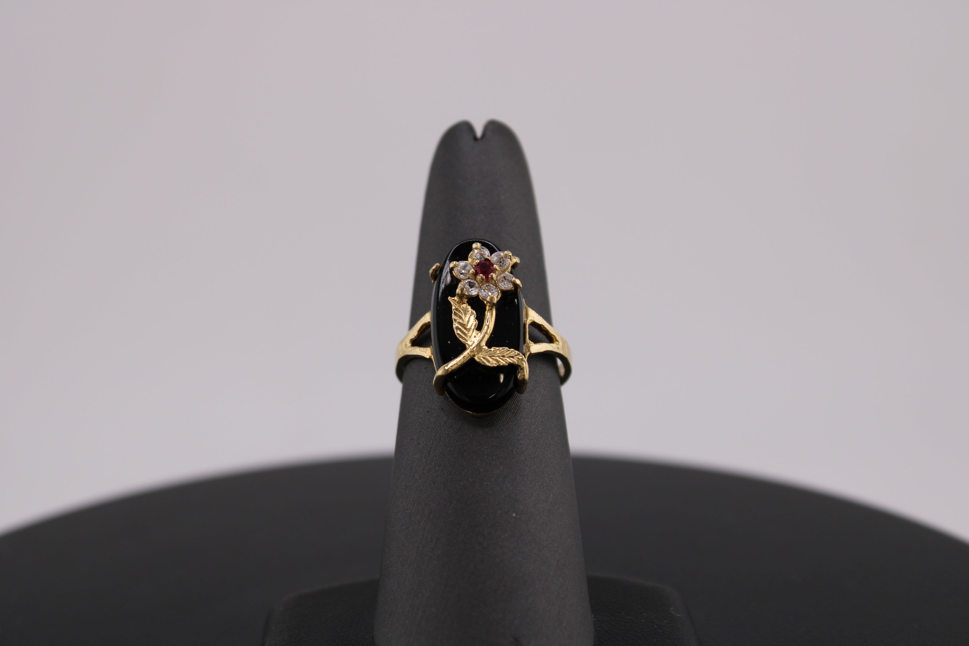 14K Yellow Gold Black Onyx Natural Diamond and Ruby Fashion Ring.