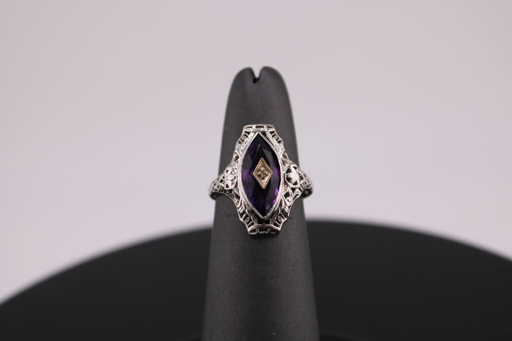 14K white Gold Ring with Amethyst and Natural Diamond