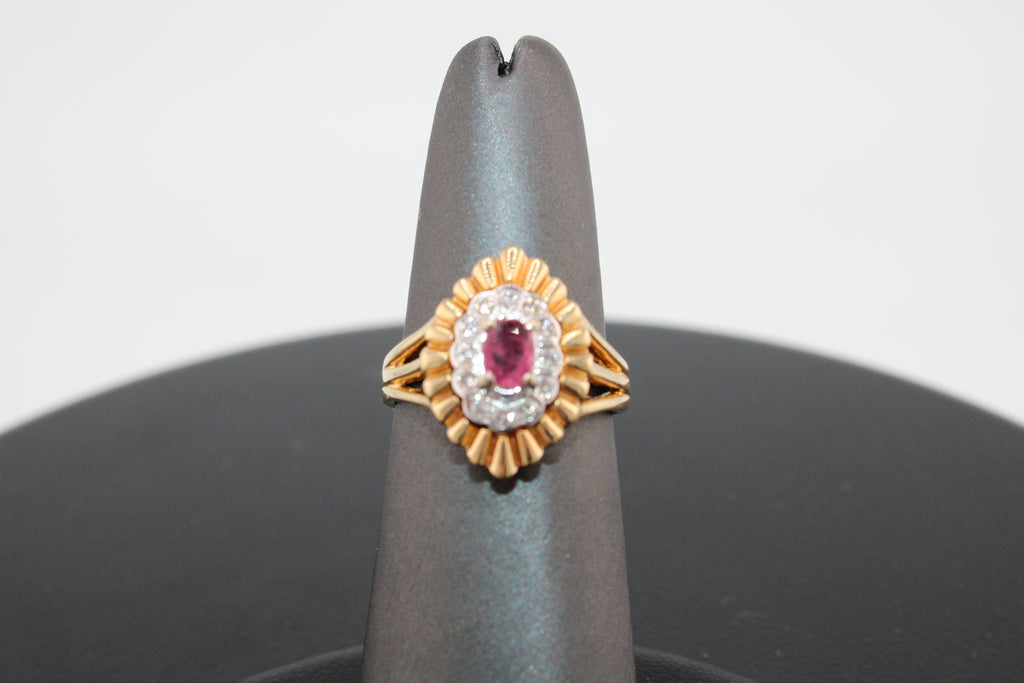 14K Yellow Gold Natural Diamond and Ruby Vintage Style Fashion Ring