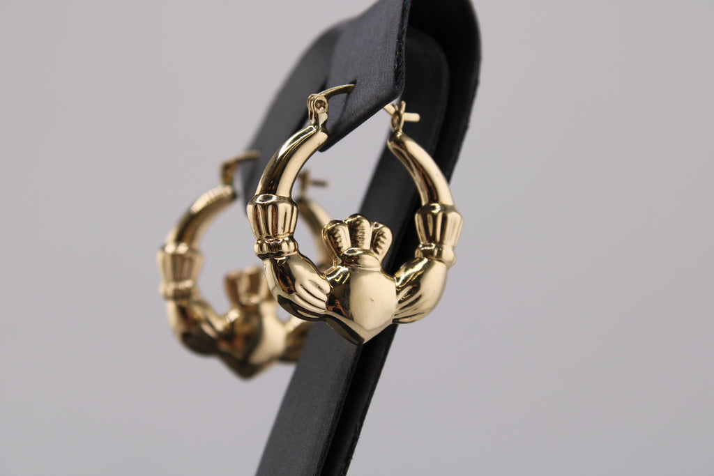 14k Yellow Gold Claddagh Hoop Earrings