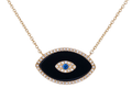 14K Yellow Gold Evil Eye with natural Diamond, Sapphire and Onyx Necklace