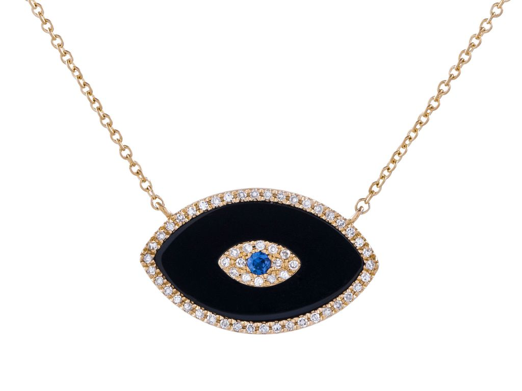 14K Yellow Gold Evil Eye with natural Diamond, Sapphire and Onyx Necklace