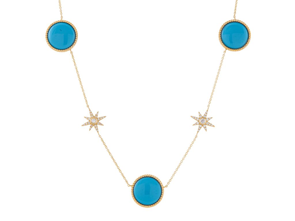 14K Yellow Gold Natural Diamond and Turquoise Fashion Necklace