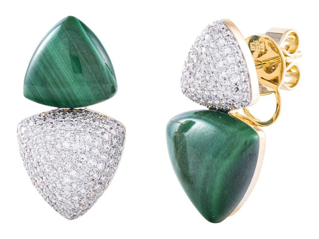 14K Yellow Gold Natural Diamond and Malachite Earrings