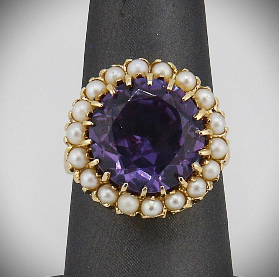 14K Yellow Gold Natural Alexandrite and Pearl Ring