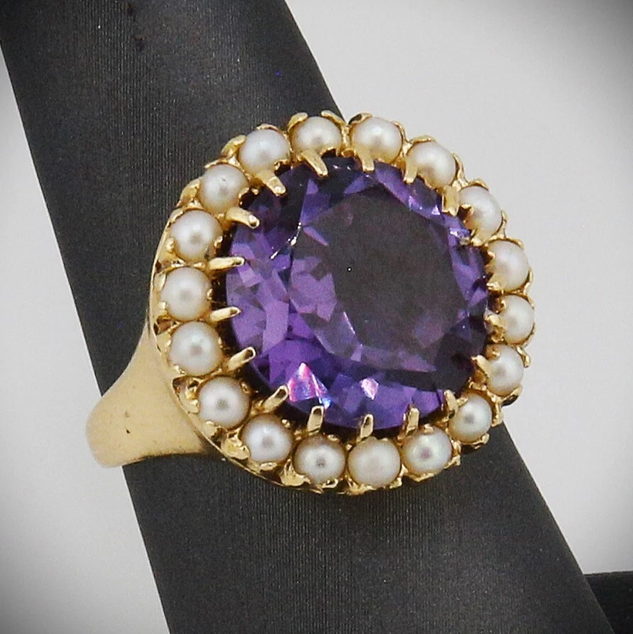 14K Yellow Gold Natural Alexandrite and Pearl Ring