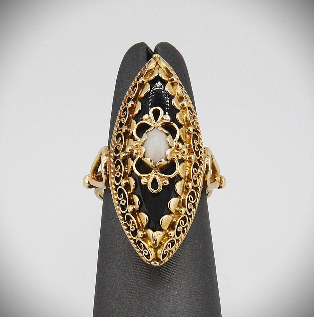 14K Yellow Gold Onyx and Opal Filigree Ring