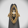 14K Yellow Gold Onyx and Opal Filigree Ring