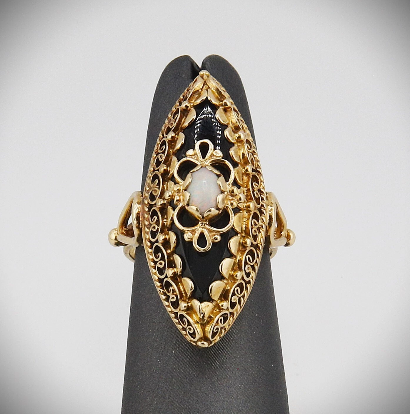 14K Yellow Gold Onyx and Opal Filigree Ring
