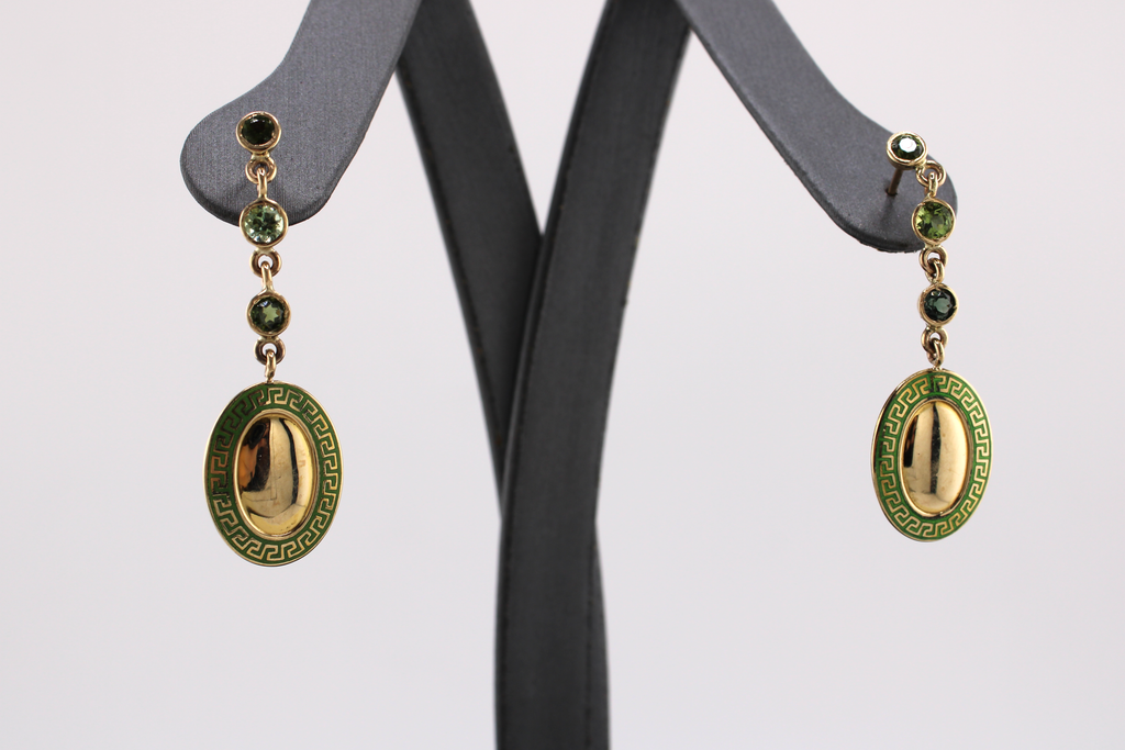 14k Yellow Gold Enamel Tourmaline Earrings