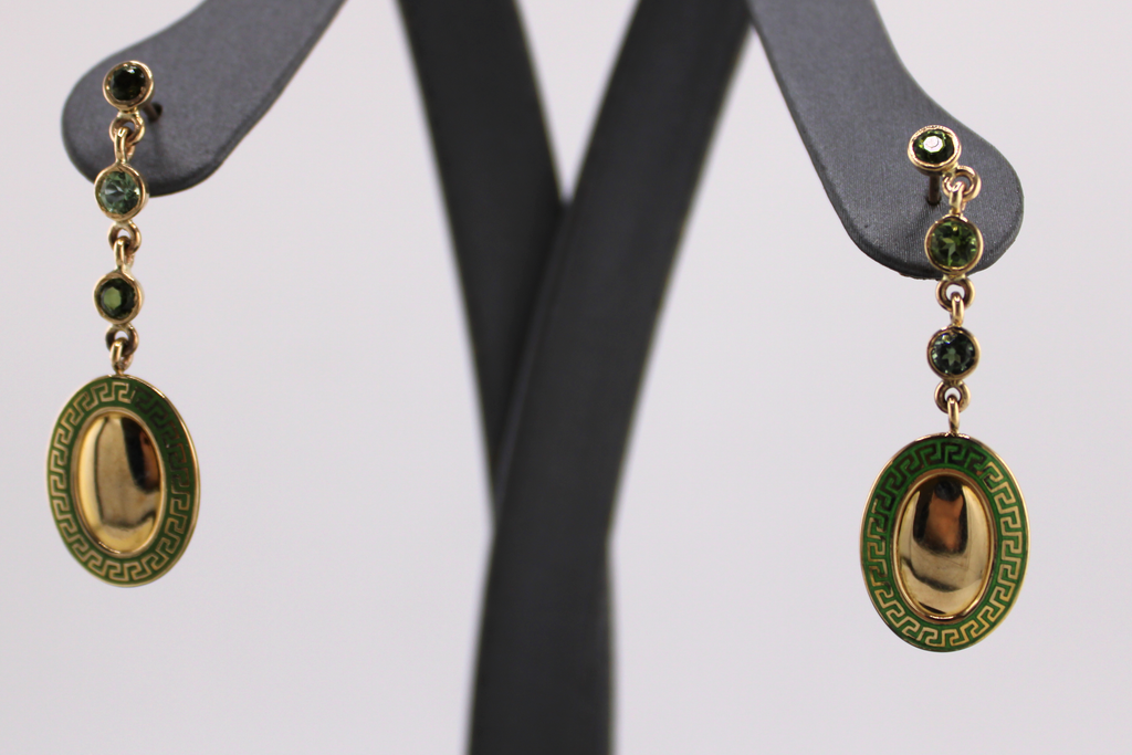 14k Yellow Gold Enamel Tourmaline Earrings