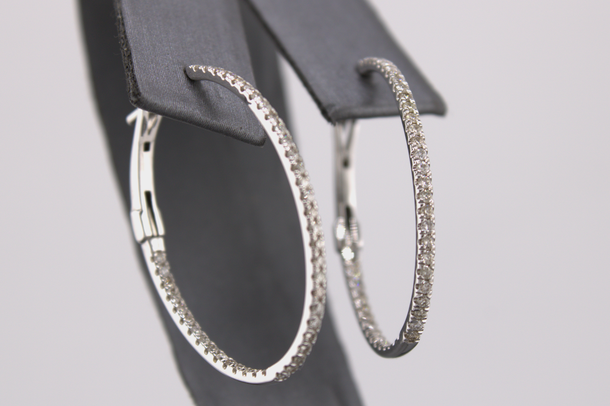 14k White Gold Natural Diamond Hoop Earrings