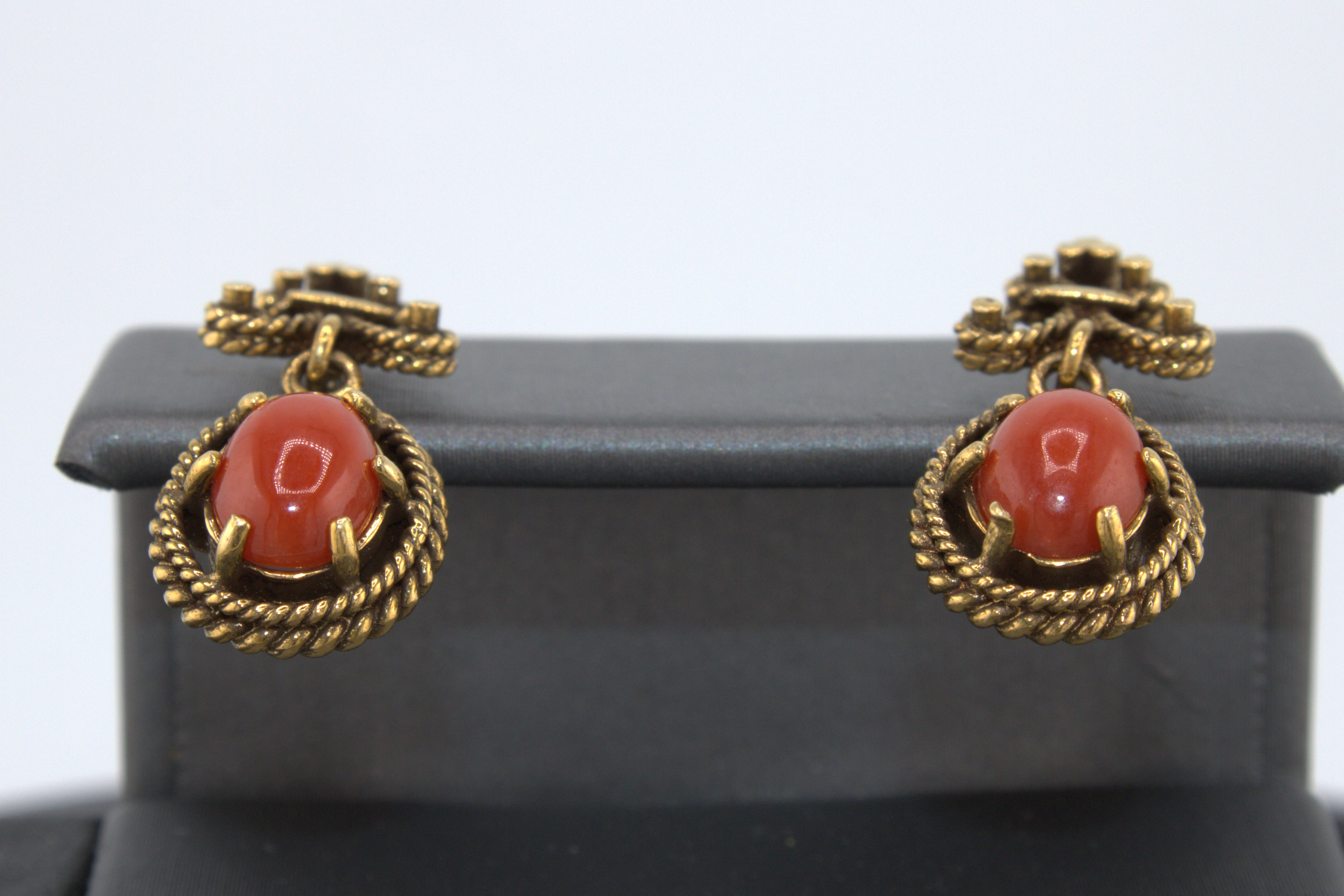 14k Yellow Gold Red Coral Earrings
