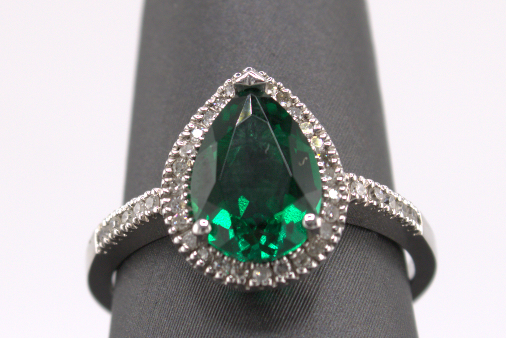 14k White gold Synthetic Emerald and Natural Diamond Cocktail Ring