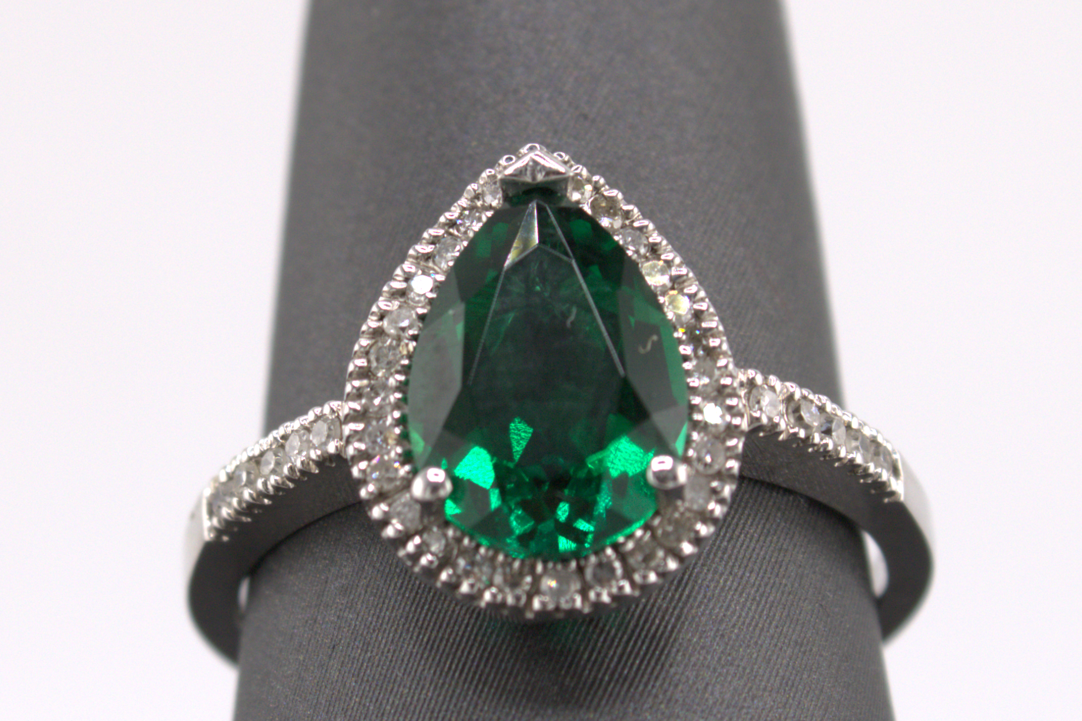 14k White gold Synthetic Emerald and Natural Diamond Cocktail Ring
