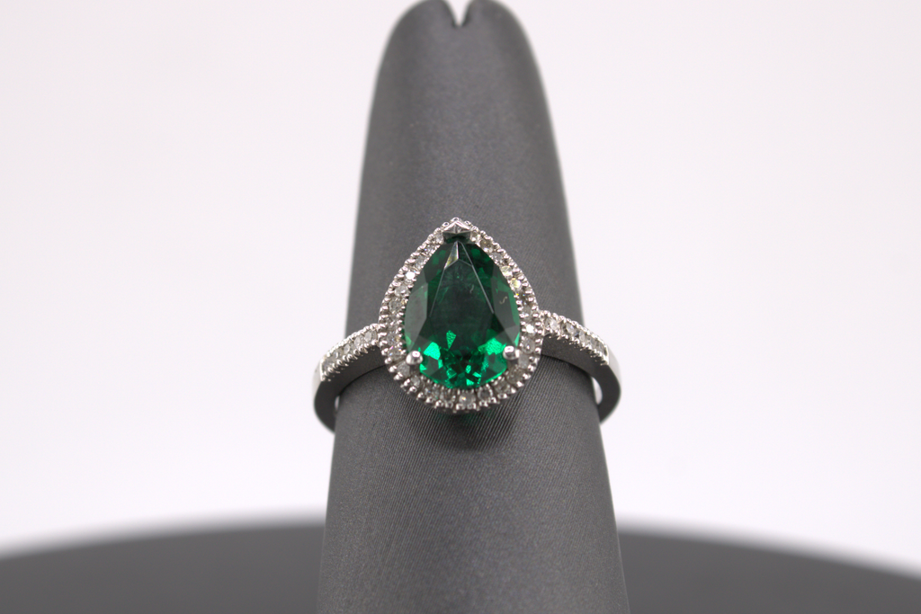 14k White gold Synthetic Emerald and Natural Diamond Cocktail Ring