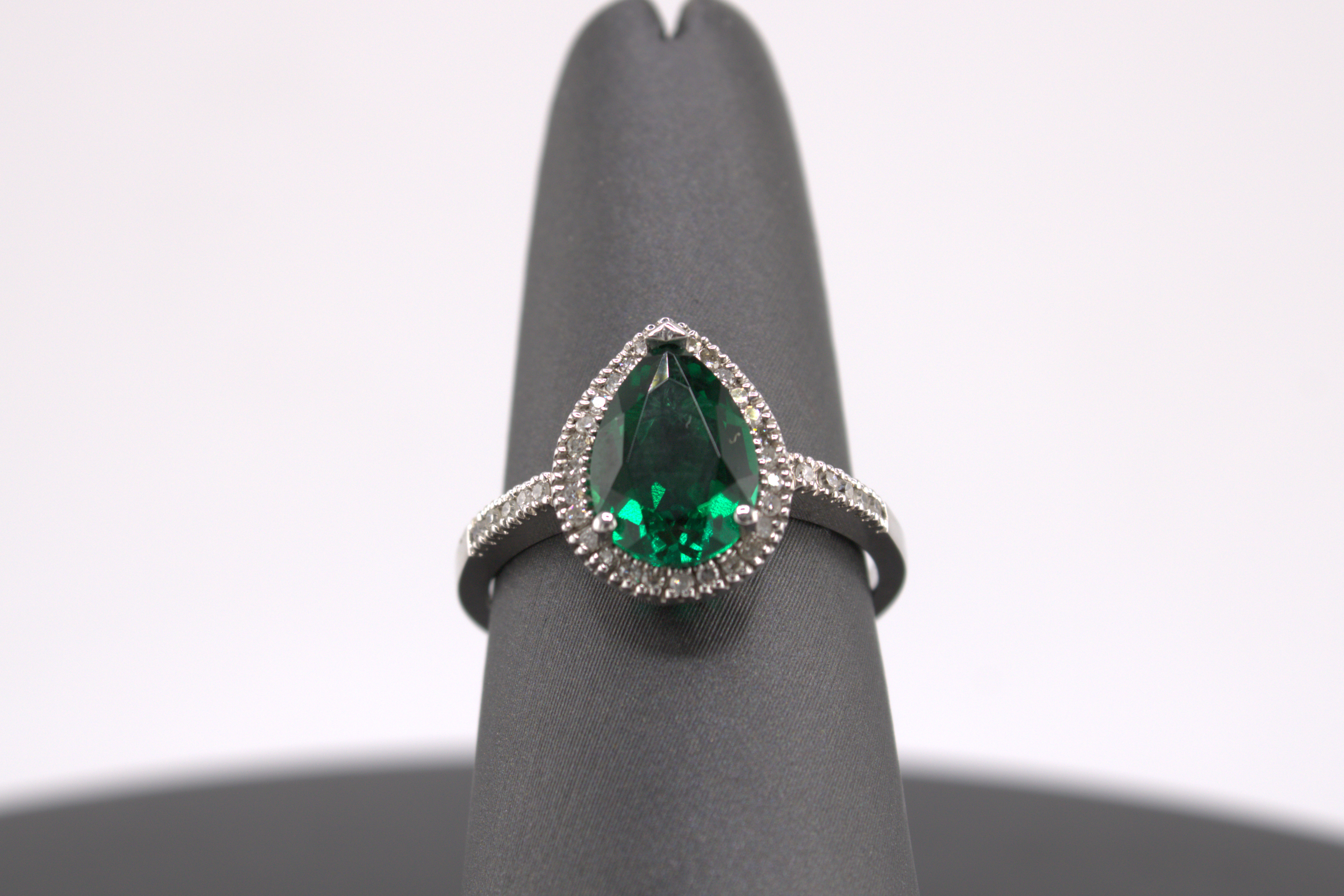14k White gold Synthetic Emerald and Natural Diamond Cocktail Ring