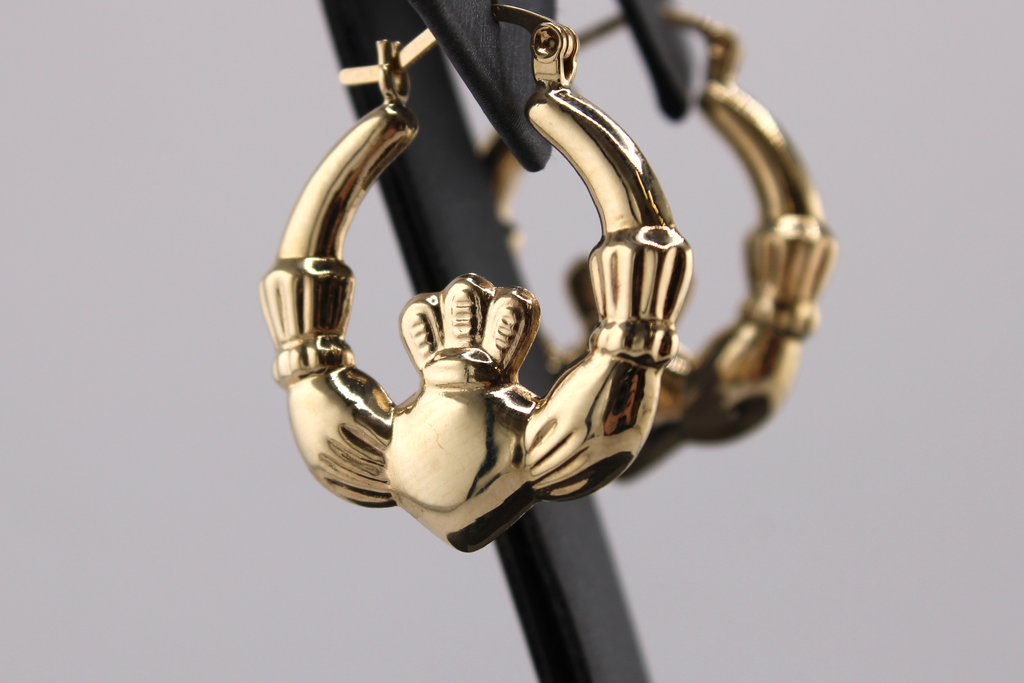 14k Yellow Gold Claddagh Hoop Earrings
